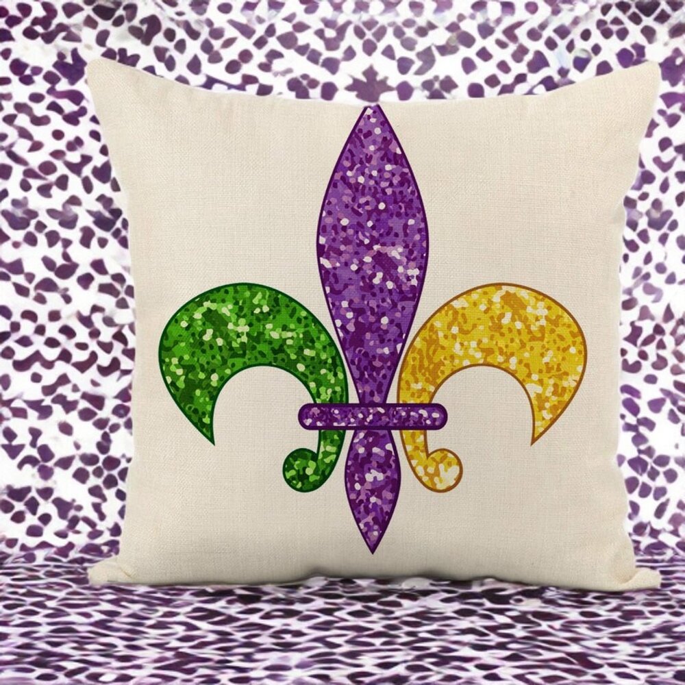 Mardi Gras Pillow Cover Decorative Throw Case Fleur De Lis Accent Decor 18x18